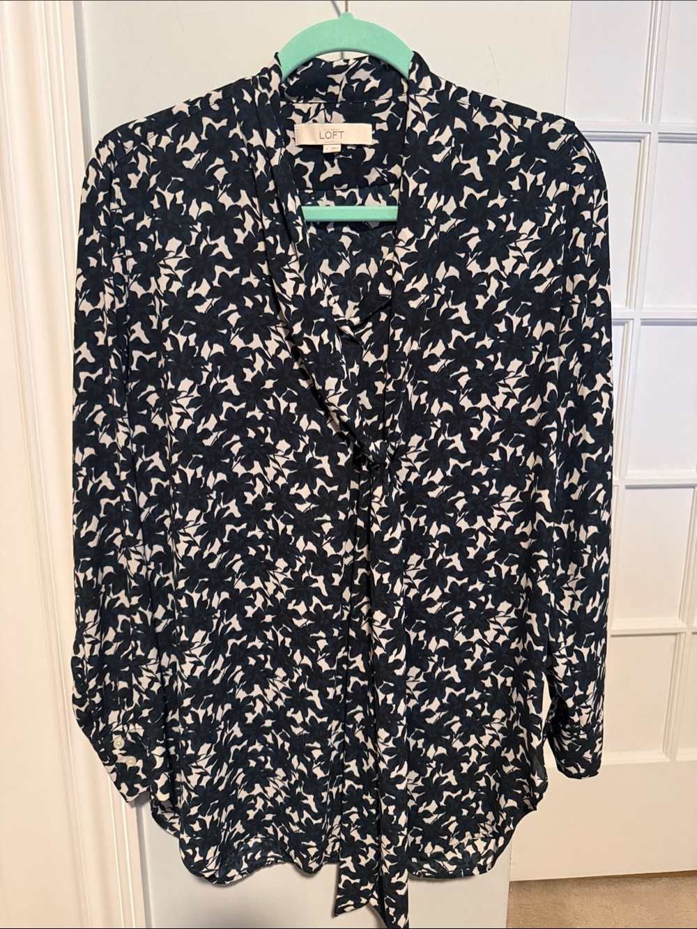 LOFT Black & White Floral Tie-Neck Blouse with Front Tie
